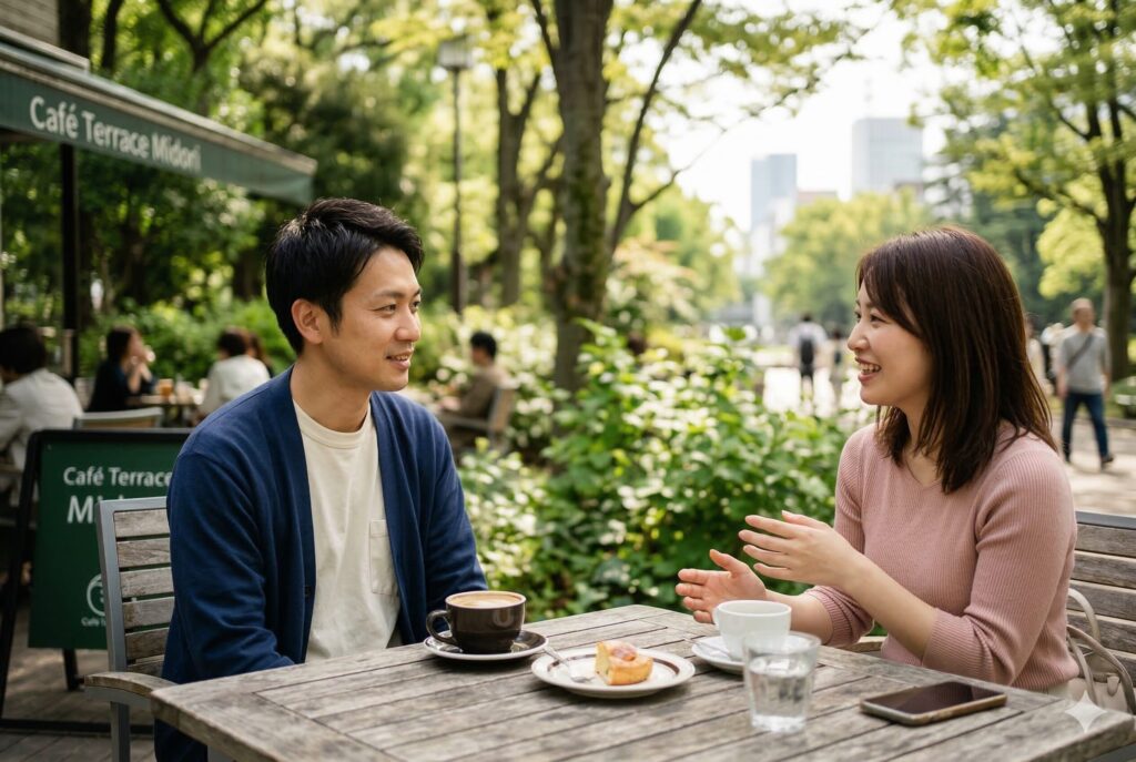 女性の心を開く聞き上手な会話を実践する30代男性の婚活デート