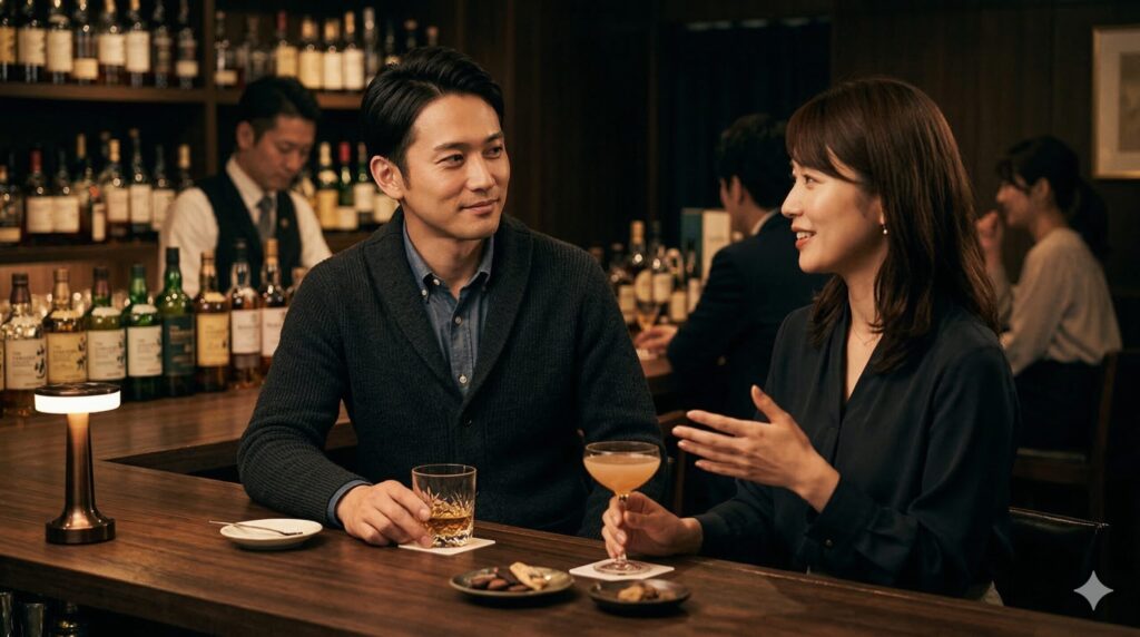 恋愛の会話で女性の話を聞き上手に聴く30代男性のデートシーン