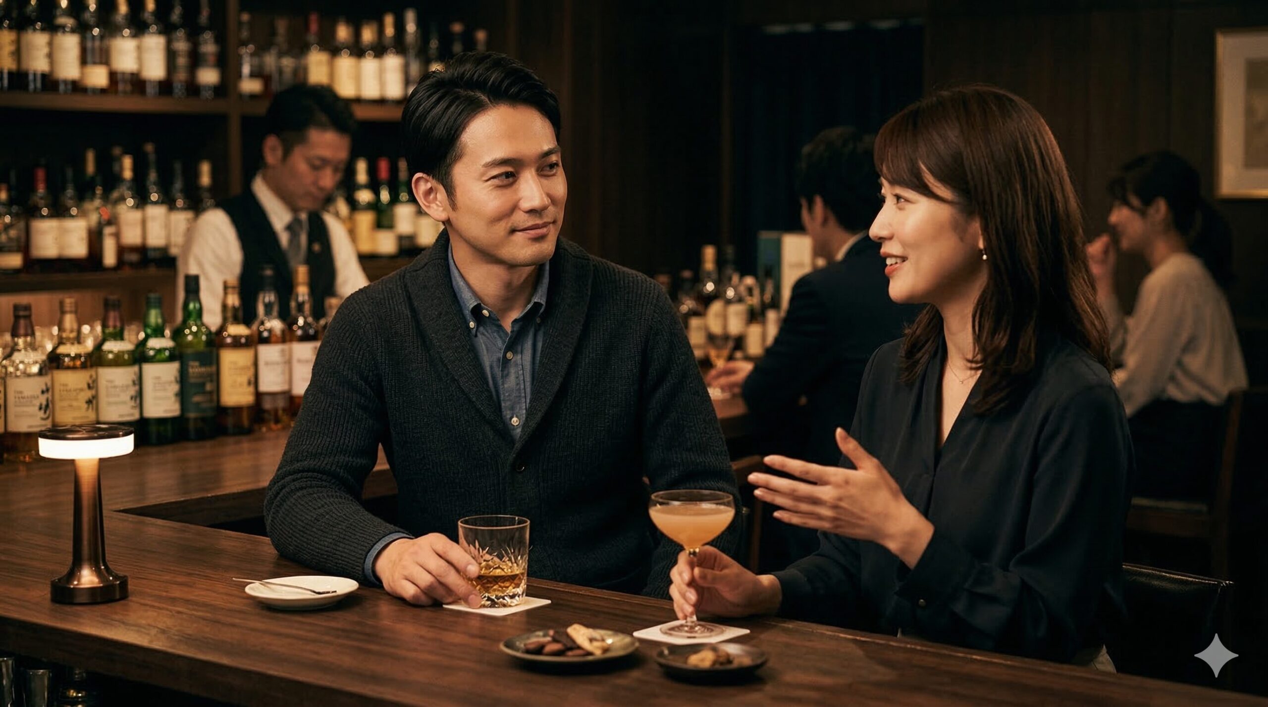 恋愛の会話で女性の話を聞き上手に聴く30代男性のデートシーン