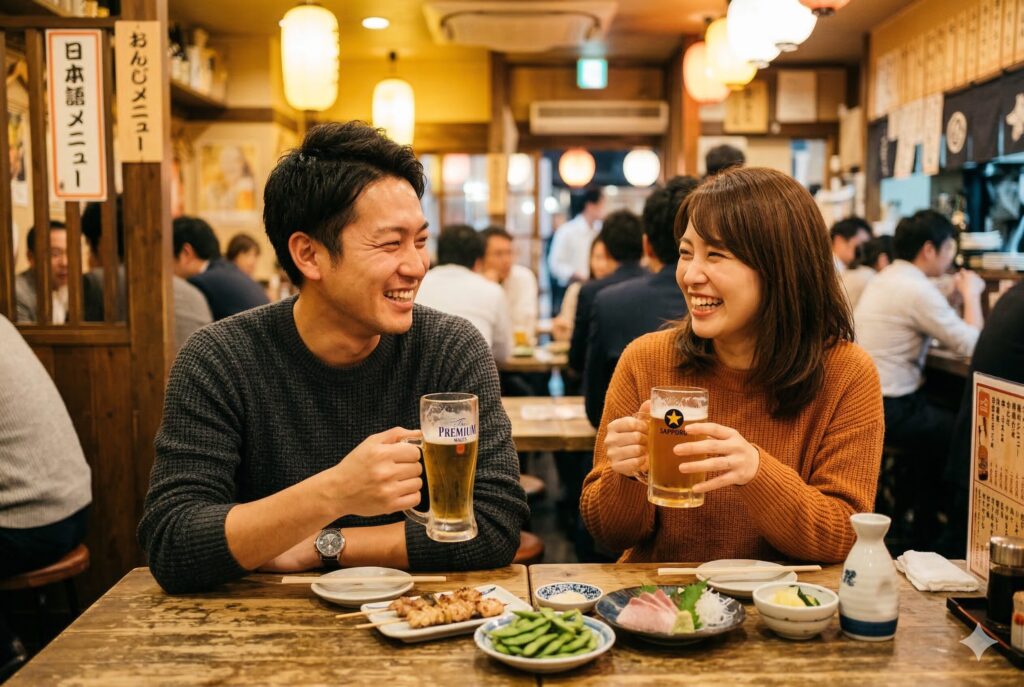 恋愛の会話で自然な笑いが生まれるデートシーン30代カップル