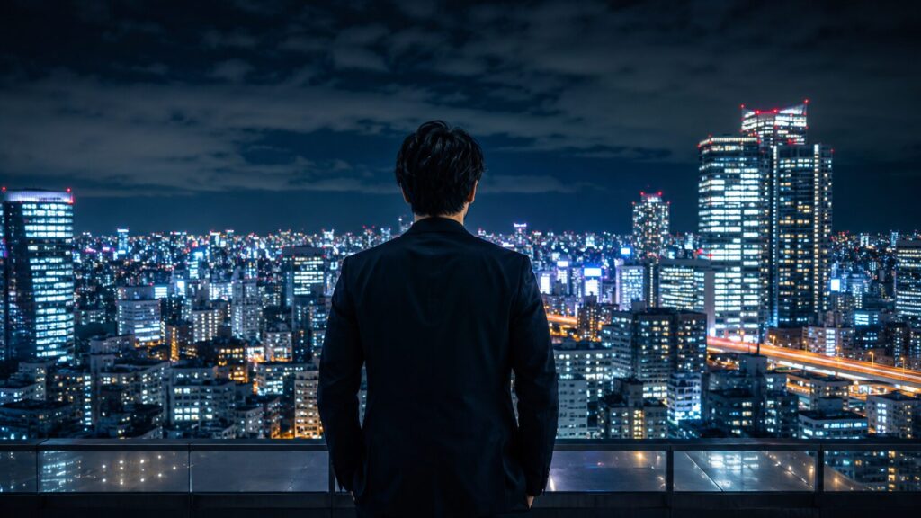 夜の都市を見下ろすビルの屋上に立つ30代男性の後ろ姿。夜景を静かに眺め、圧倒的な余裕と自信が漂う構図。孤高・自立した男性像。 alt属性テキスト: 夜景を見下ろすビルの屋上に立つ30代男性|女性が追いかけたくなる男の心理と法則