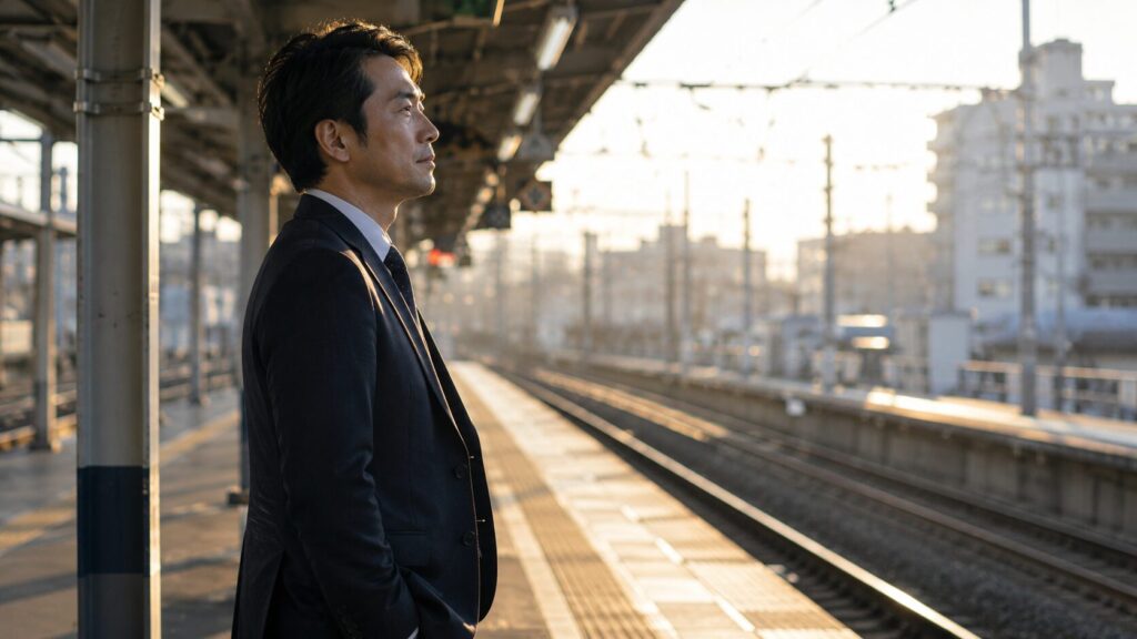 朝の駅ホームで遠くを見つめる40代男性の横顔。スーツ姿、ホームの端に立ち、電車を待ちながら何かを考えている。通勤と内省が交差する瞬間