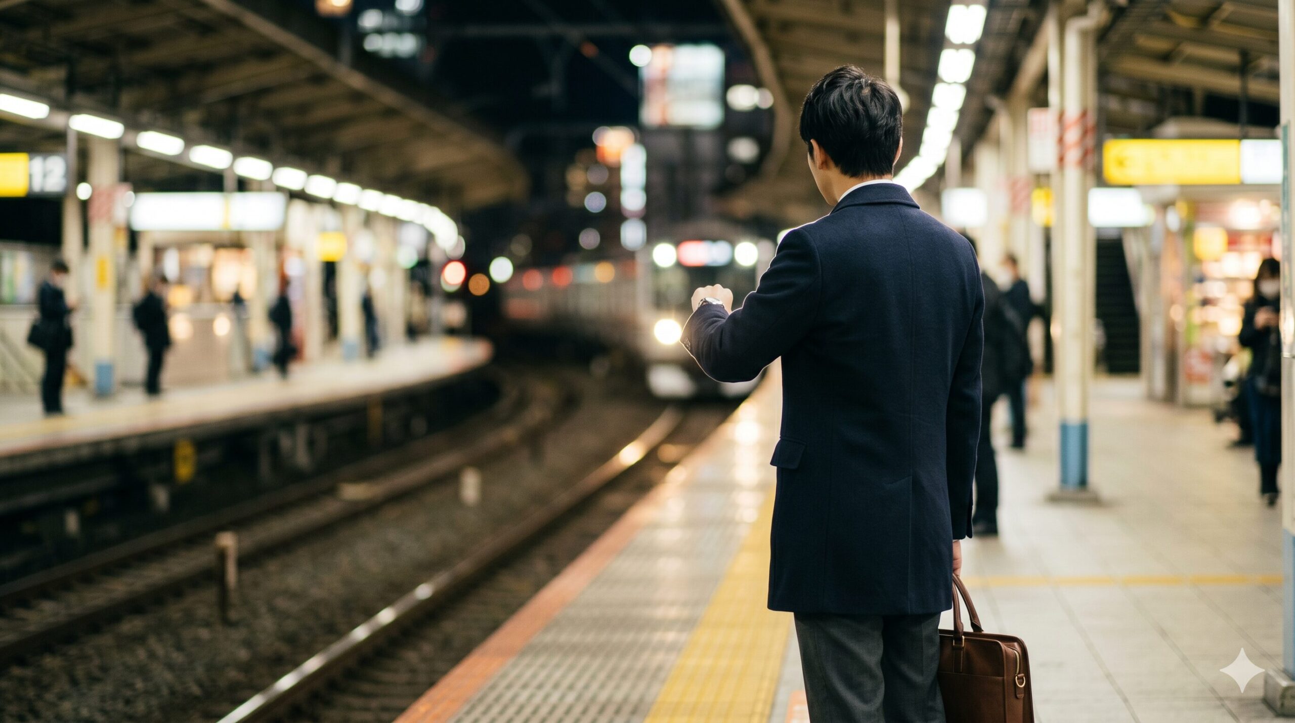 婚活初デートに向かう30代男性、駅のホームで電車を待つ後ろ姿