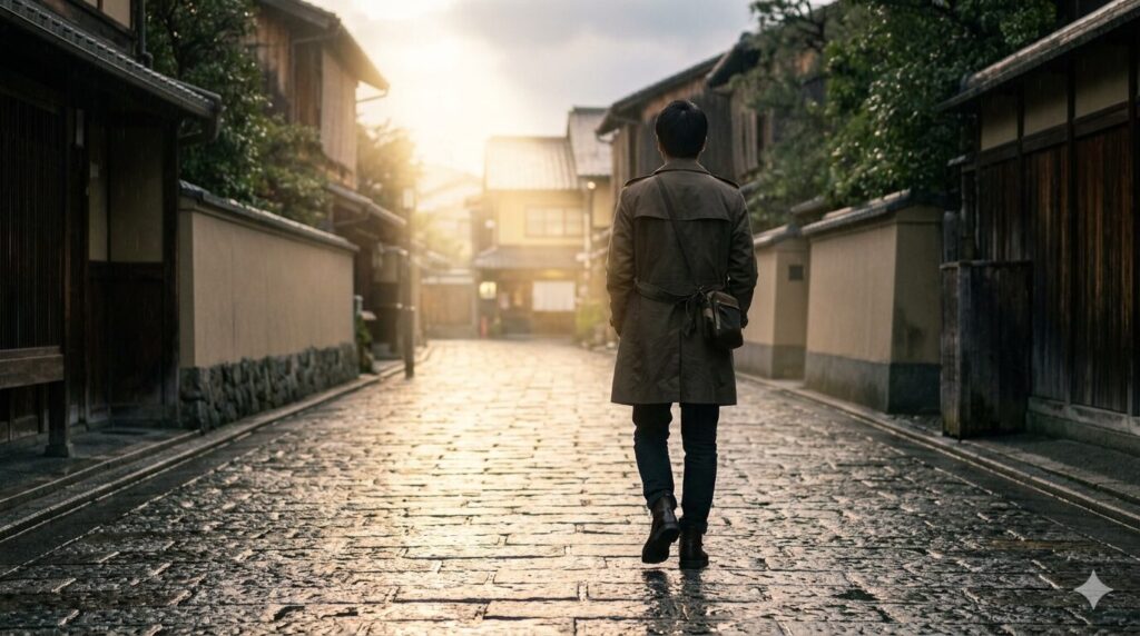 雨上がりの夕方、濡れた石畳の街を一人歩く男性の後ろ姿。少し先に光が差し、前向きな再出発を感じさせる構図（