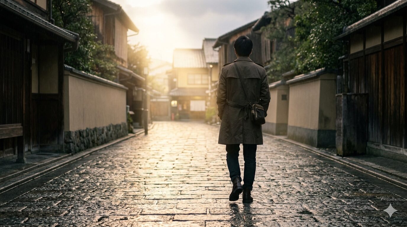 雨上がりの夕方、濡れた石畳の街を一人歩く男性の後ろ姿。少し先に光が差し、前向きな再出発を感じさせる構図（