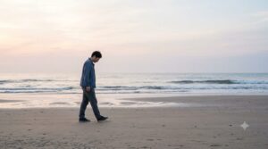 砂浜で貝殻を探す男性