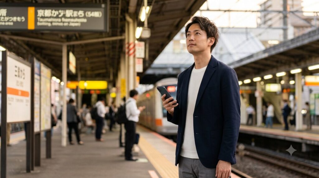 駅ホームでスマホ片手に顔を上げる30代男性