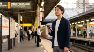 駅ホームでスマホ片手に顔を上げる30代男性