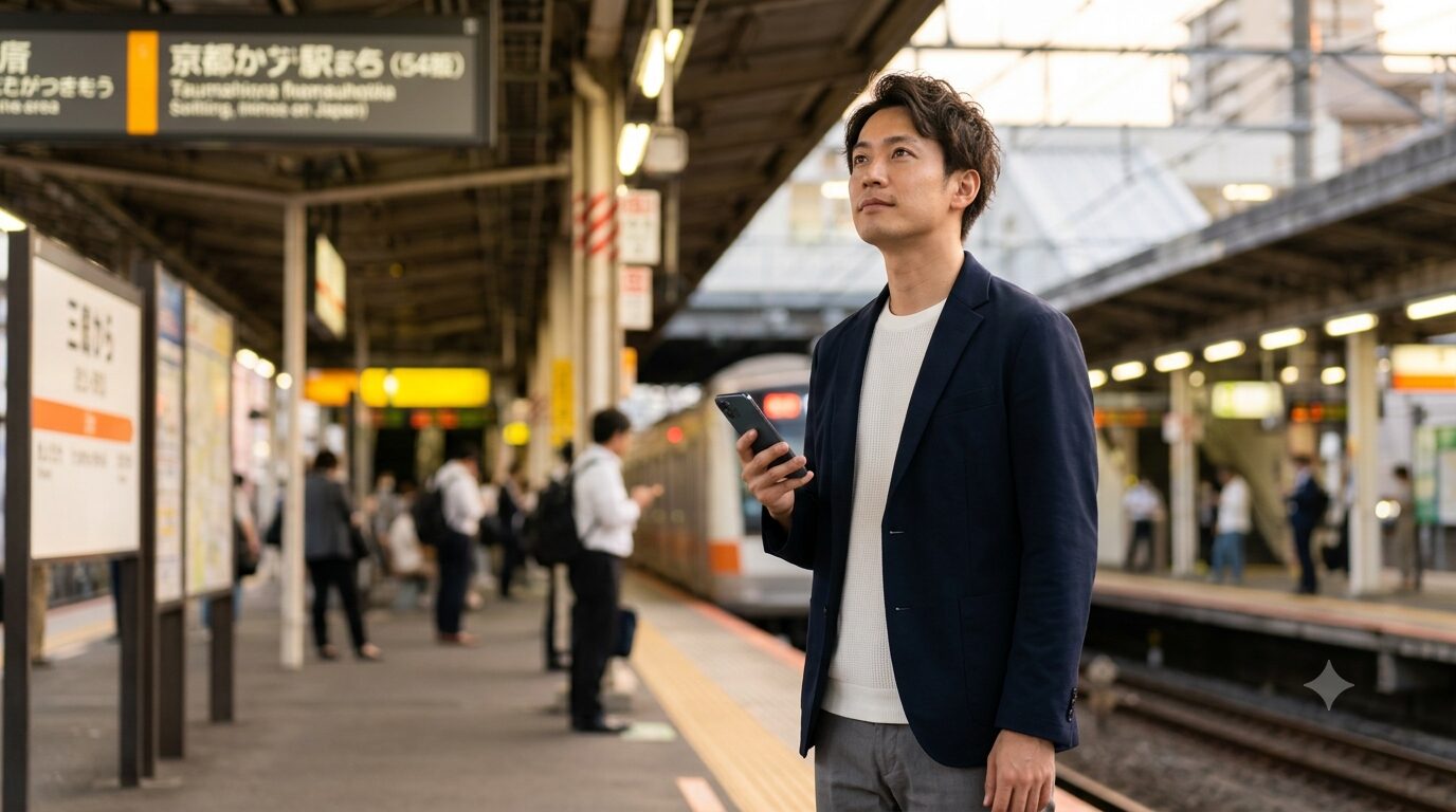 駅ホームでスマホ片手に顔を上げる30代男性