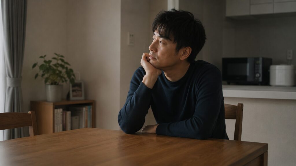 30代後半の男性が、自宅のダイニングテーブルに一人で座っている。スマホも本も持たず、ただ座っている。何かを考えているが、深刻ではない。日常の中の、ふとした空白。