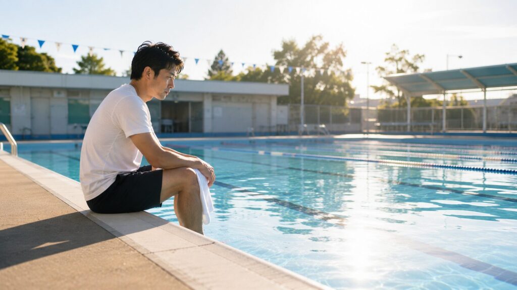 真夏の早朝、無人の屋外プールサイドの縁に腰かけ、タオルを膝に置いて考えごとをする30代男性