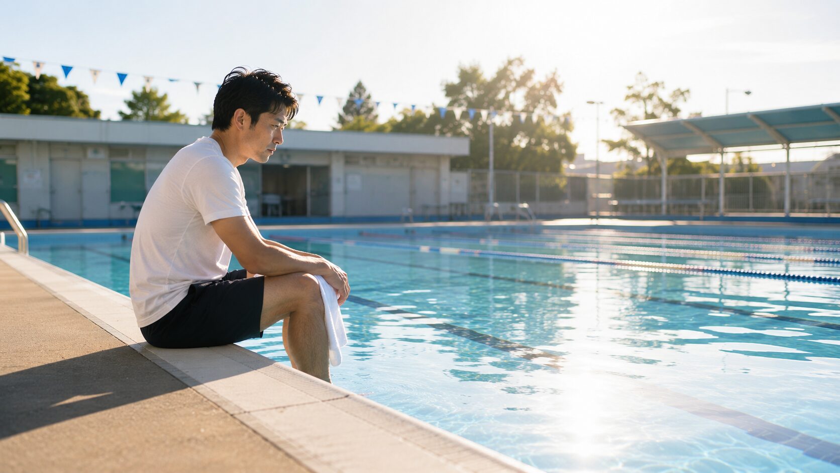 真夏の早朝、無人の屋外プールサイドの縁に腰かけ、タオルを膝に置いて考えごとをする30代男性