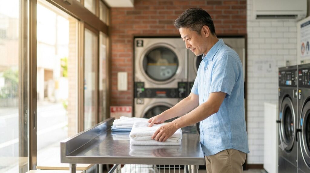 真夏の早朝、コインランドリーで洗濯物をていねいに畳んでいる40代の日本人男性。