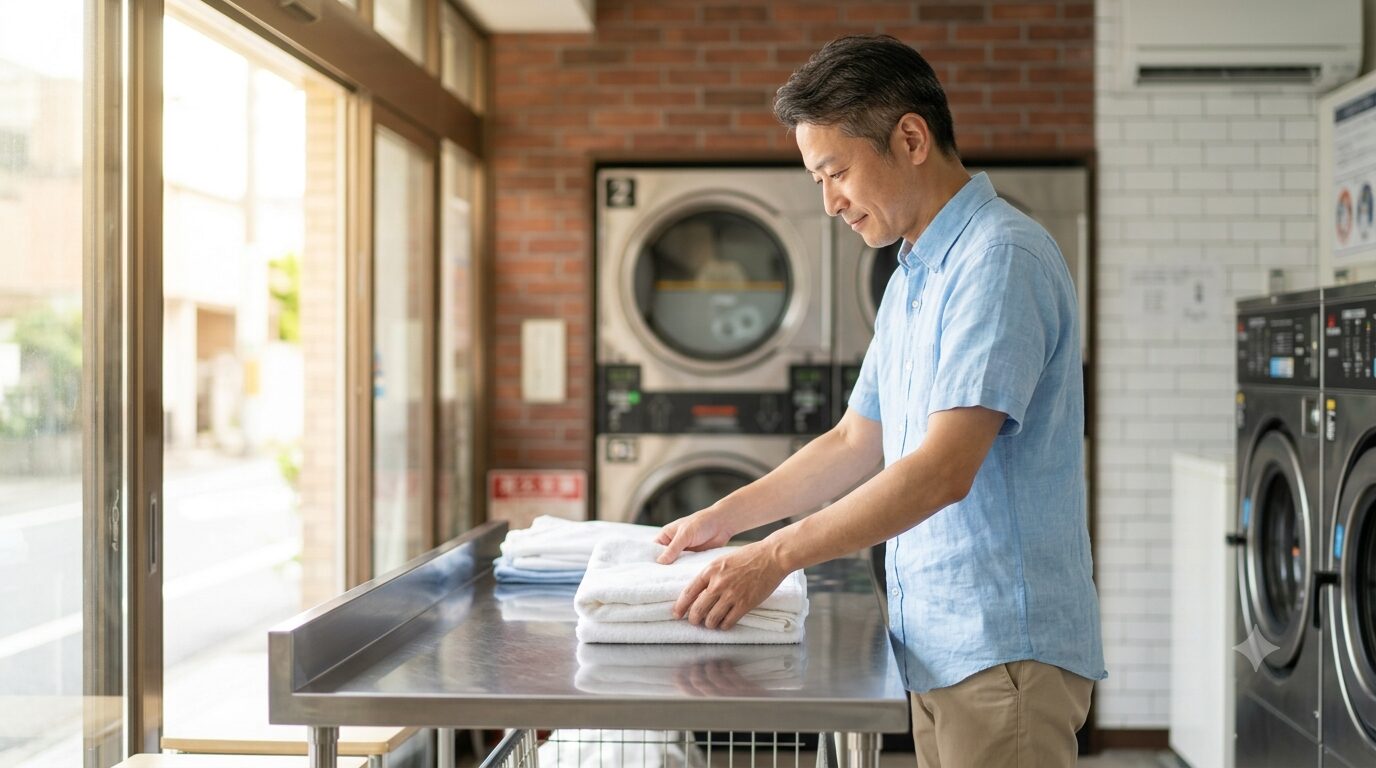 真夏の早朝、コインランドリーで洗濯物をていねいに畳んでいる40代の日本人男性。