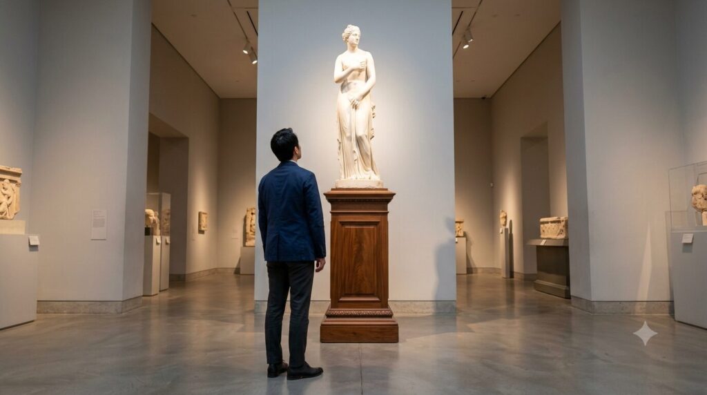 イメージ:美術館の展示室で、台座の上の白い女神像を見上げて立つ30代の日本人男性の後ろ姿。「女性を祭壇に上げてしまう=女神扱い」の視覚メタファー alt属性テキスト:女性を理想化し女神扱いしてしまう心理に悩む30代男性