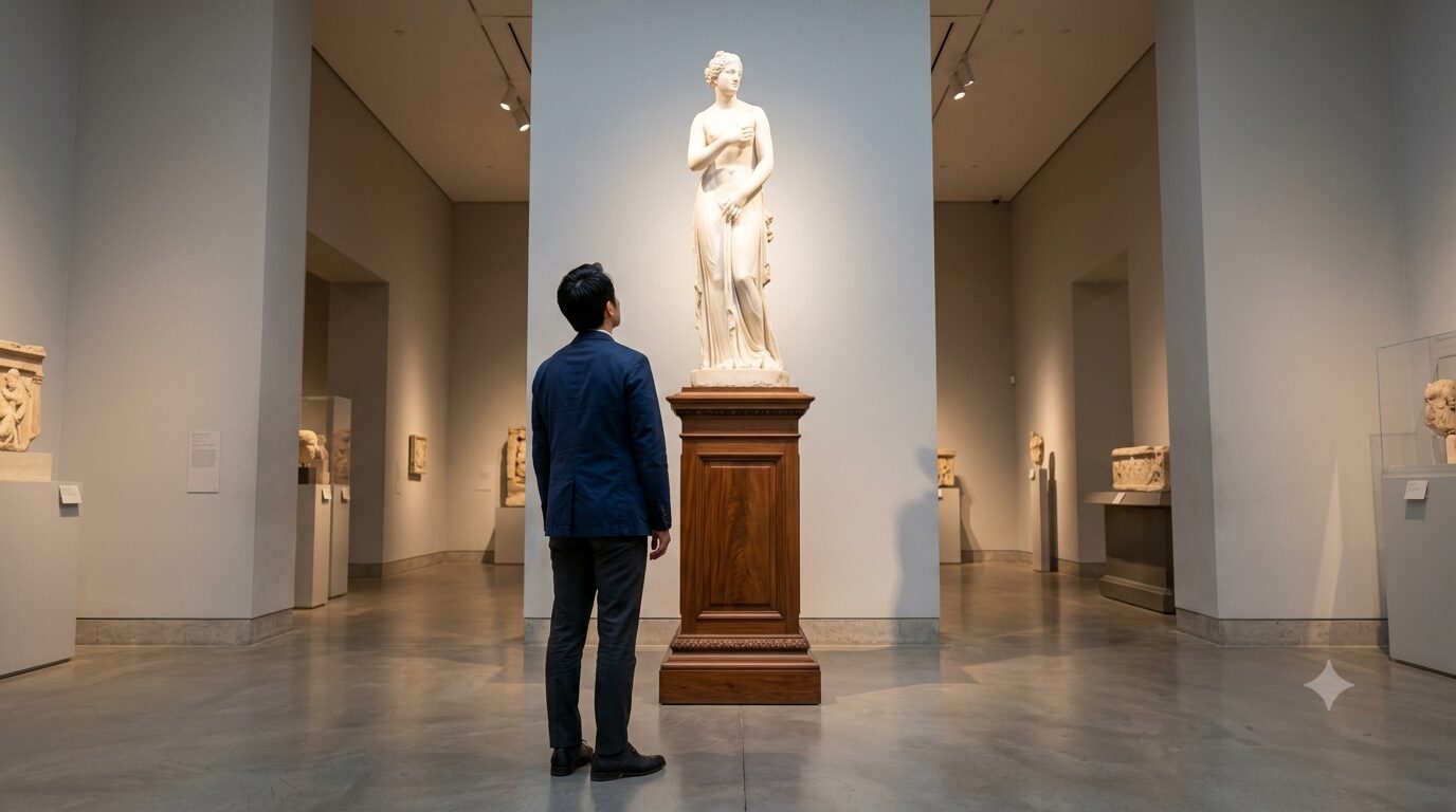 イメージ:美術館の展示室で、台座の上の白い女神像を見上げて立つ30代の日本人男性の後ろ姿。「女性を祭壇に上げてしまう=女神扱い」の視覚メタファー alt属性テキスト:女性を理想化し女神扱いしてしまう心理に悩む30代男性