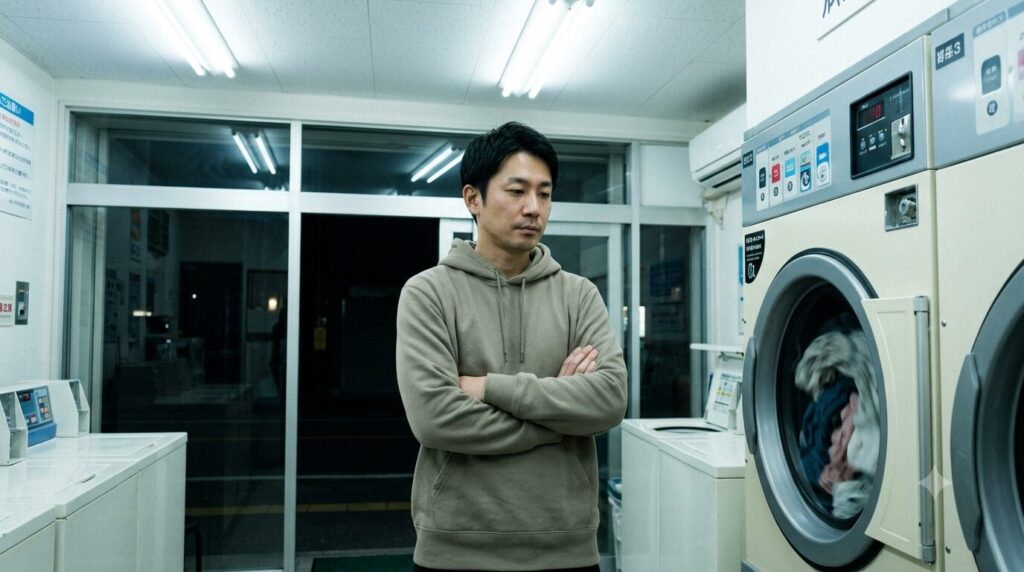 夜のコインランドリーで、回る洗濯機の前に立ち、スマホを見ずに腕を組んで待つ日本人男性