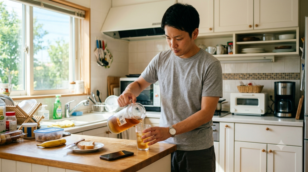 夏の朝の自宅キッチン。麦茶をグラスに注ぎながら、カウンターに伏せて置いたスマホをちらりと見ている30代男性。生活感のある明るい室内
