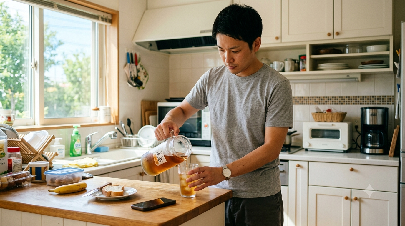 夏の朝の自宅キッチン。麦茶をグラスに注ぎながら、カウンターに伏せて置いたスマホをちらりと見ている30代男性。生活感のある明るい室内