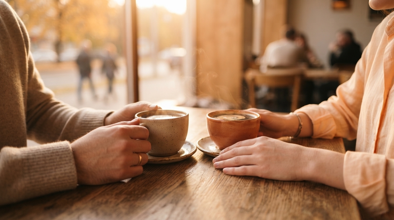 カフェの窓際に並ぶ2つの飲み物と手元