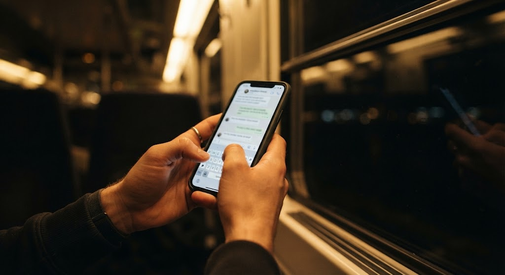 夜の電車でLINEの返信を打つ手元