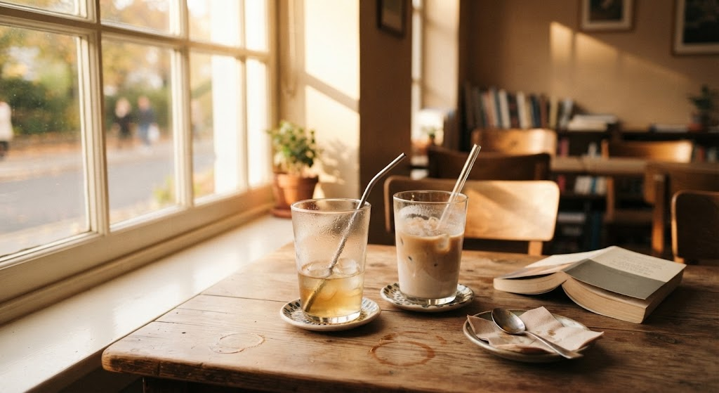 会話が途切れたカフェの席に並ぶ2つのグラス